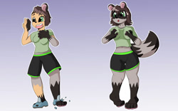 Size: 1131x707 | Tagged: safe, artist:quickcast, human, mammal, procyonid, raccoon, anthro, 2021, art trade, female, human to anthro, solo, solo female, tail growth, transformation, transformation sequence