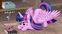 Size: 3840x2140 | Tagged: safe, artist:stellardust, twilight sparkle (mlp), alicorn, angel, demon, equine, fictional species, mammal, pony, feral, friendship is magic, hasbro, my little pony, 2022, angel pony, behaving like a cat, book, bookshelf, cute, demon pony, devil, dialogue, eyes on the prize, feathered wings, feathers, female, high res, horn, imminent pounce, mare, shoulder angel, shoulder devil, talking, wings