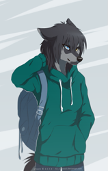 Size: 569x900 | Tagged: safe, artist:azzai, oc, oc:azzai, canine, mammal, wolf, anthro, cc by-nc-nd, creative commons, 2015, backpack, clothes, female, hoodie, solo, solo female, topwear