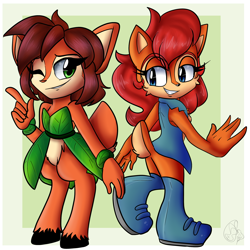 Size: 2000x2000 | Tagged: safe, artist:yoshiyoshi700, elora (spyro), princess sally acorn (sonic), chipmunk, faun, fictional species, mammal, rodent, anthro, archie sonic the hedgehog, sega, sonic the hedgehog (series), spyro the dragon (series), 2021, crossover, duo, duo female, female, females only