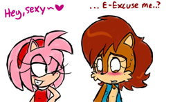 Size: 500x295 | Tagged: safe, artist:sonicschilidog, amy rose (sonic), princess sally acorn (sonic), chipmunk, hedgehog, mammal, rodent, anthro, archie sonic the hedgehog, sega, sonic the hedgehog (series), anthro/anthro, duo, duo female, female, female/female, females only, flirting, low res, salamy (sonic), shipping