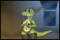 Size: 1062x720 | Tagged: suggestive, artist:squalbo, oc, oc only, oc:amber (squalbo), fictional species, kobold, reptile, anthro, areola, breast hold, breasts, cameltoe, clothes, female, hand on breast, horn, legwear, lingerie, nipple tape, panties, solo, solo female, tail, thick thighs, thigh highs, thighs, underwear