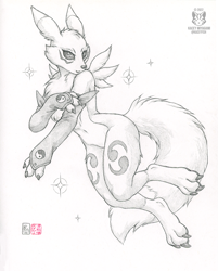 Size: 805x1000 | Tagged: safe, artist:kacey, fictional species, renamon, anthro, digimon, ears, fur, looking at you, monochrome, paws, signature, simple background, tail, traditional art, white background