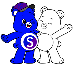 Size: 3333x2943 | Tagged: safe, artist:mrstheartist, collaboration, oc, oc only, oc:creative bear, bear, fictional species, mammal, semi-anthro, care bears, care bears: unlock the magic, ambiguous gender, belly badge, black outline, cap, care bear, duo, hat, headwear, high res, male, one eye closed, simple background, transparent background, winking