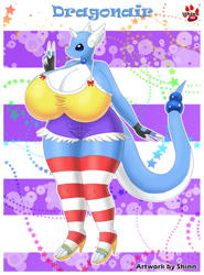 Size: 1024x1386 | Tagged: suggestive, artist:shinn, dragonair, fictional species, anthro, nintendo, pokémon, 2017, bottomwear, breasts, claws, clothes, digital art, ears, eyelashes, female, high heels, horn, hyper, hyper breasts, legwear, looking at you, scales, shoes, shorts, solo, solo female, stockings, tail, tank top, thighs, topwear, wide hips