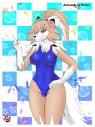 Size: 1024x1367 | Tagged: safe, artist:shinn, fictional species, lycanroc, mammal, midday lycanroc, anthro, nintendo, pokémon, 2017, black nose, breasts, clothes, digital art, ears, eyelashes, female, fluff, fur, hair, hand on hip, looking at you, neck fluff, one-piece swimsuit, solo, solo female, spikes, swimsuit, tail, thighs, wide hips