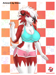 Size: 948x1276 | Tagged: safe, artist:shinn, fictional species, lycanroc, mammal, midnight lycanroc, anthro, nintendo, pokémon, 2017, belly button, black nose, bottomwear, breasts, clothes, colored sclera, digital art, ears, eyelashes, female, fur, hair, looking at you, one eye closed, pink sclera, shorts, solo, solo female, tail, tank top, thighs, topwear, wide hips
