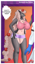 Size: 756x1380 | Tagged: safe, artist:shinn, ampharos, fictional species, mammal, mega ampharos, mega pokémon, anthro, nintendo, pokémon, 2017, belly button, big breasts, bottomwear, breasts, caught, clothes, commission, detailed background, digital art, door, ears, eyelashes, faceless male, female, female focus, fur, hair, male, offscreen character, shorts, solo, solo female, solo focus, tail, tank top, thighs, topwear, unamused, wide hips