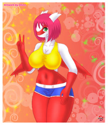 Size: 1024x1184 | Tagged: safe, artist:shinn, fictional species, latias, legendary pokémon, anthro, nintendo, pokémon, 2018, belly button, big breasts, bottomwear, breasts, clothes, digital art, ears, eyelashes, female, gesture, hair, looking at you, peace sign, scales, shorts, solo, solo female, sports bra, sports shorts, tail, thighs, topwear, wide hips