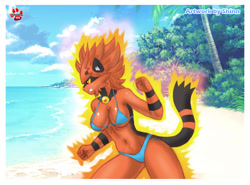 Size: 663x490 | Tagged: safe, artist:shinn, fictional species, mammal, torracat, anthro, nintendo, pokémon, 2018, beach, belly button, bikini, breasts, clothes, detailed background, digital art, ears, eyelashes, female, fire, fur, hair, ocean, palm tree, plant, red nose, sand, solo, solo female, starter pokémon, swimsuit, tail, thighs, tree, ultra instinct, water, wide hips