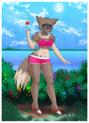 Size: 946x1300 | Tagged: safe, artist:shinn, fictional species, zigzagoon, anthro, nintendo, pokémon, 2018, belly button, black nose, bottomwear, breasts, claws, clothes, detailed background, digital art, ears, eyelashes, female, fur, high heels, looking at you, poké ball, shoes, shorts, solo, solo female, sports bra, sports shorts, tail, thighs, topwear, wide hips