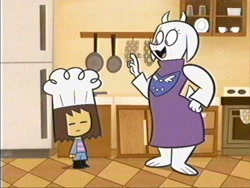 Size: 1920x1440 | Tagged: safe, artist:lolwutburger, frisk (undertale), toriel (undertale), bovid, goat, human, mammal, anthro, plantigrade anthro, undertale, ambiguous gender, brown hair, chef's hat, clothes, dress, ears, eyes closed, fake screenshot, female, fur, hair, hat, headwear, horns, indoors, kitchen, open mouth, open smile, paws, smiling, white body, white fur