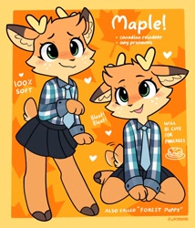 Size: 1750x2048 | Tagged: safe, artist:jayrnski, oc, oc:maple (jayrnski), cervid, deer, mammal, reindeer, anthro, 2022, antlers, bleating, blushing, bottomwear, brown body, brown fur, clothes, flannel shirt, food, fur, green eyes, heart, kneeling, multicolored fur, necktie, nonbinary, pancakes, reference sheet, shirt, skirt, smiling, solo, solo nonbinary, tail, tail wag, text, topwear, two toned body, two toned fur