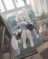 Size: 1550x1900 | Tagged: safe, artist:youjyo1223, canine, fox, mammal, anthro, armchair, blushing, box, cell phone, claws, container, ear fluff, female, fluff, fur, glasses, hair, indoors, japanese, paws, phone, plushie, round glasses, shark plushie, shelf, sitting, smartphone, soda can, solo, solo female, tail, tail fluff, toy, white body, white fur, white hair, window