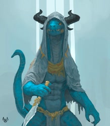 Size: 1045x1200 | Tagged: safe, artist:abadsmol, lizard, reptile, anthro, clothes, dagger, horns, loincloth, male, scales, solo, solo male, tail, weapon