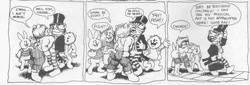 Size: 1116x378 | Tagged: safe, artist:robert crumb, fritz the cat (fritz the cat), bear, cat, feline, lagomorph, mammal, rabbit, anthro, fritz the cat, age difference, big breasts, big butt, breasts, butt, children, comic strip, female, gabrielle (fritz the cat), group, hair, hair over eyes, male, teenager, thick thighs, thighs, tomboy, wide hips