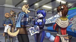 Size: 2560x1440 | Tagged: safe, artist:heresyart, krystal (star fox), oc, canine, feline, fox, lynx, mammal, maned wolf, wolf, anthro, nintendo, star fox, 2022, autograph, bodysuit, breasts, chest fluff, cleavage, clothes, crossed arms, dipstick tail, ear piercing, female, fluff, group, male, marker, noseart, piercing, scarf, straw in mouth, tail, tight clothing, vixen