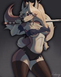 Size: 960x1200 | Tagged: safe, artist:paradoxing5, loona (vivzmind), canine, fictional species, hellhound, mammal, anthro, hazbin hotel, helluva boss, 2022, bedroom eyes, belly button, black nose, bottomwear, breasts, clothes, collar, colored sclera, digital art, ears, eyelashes, female, fingerless gloves, fur, gloves, hair, legwear, looking at you, pose, red sclera, shorts, simple background, solo, solo female, spiked collar, stockings, sword, tail, tank top, thighs, topwear, unamused, weapon, wide hips