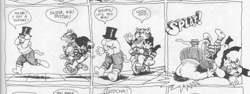 Size: 1132x426 | Tagged: safe, artist:robert crumb, fritz the cat (fritz the cat), cat, feline, mammal, anthro, fritz the cat, age difference, big breasts, big butt, breasts, butt, child, clothes, comic strip, female, gabrielle (fritz the cat), group, hair, hair over eyes, hat, headwear, male, running, teenager, thick thighs, thighs, tomboy, trio, wide hips, young