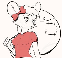 Size: 727x683 | Tagged: safe, artist:birdgummies, mammal, mouse, rodent, anthro, backpack, backpack hero, big breasts, breasts, female, looking down, purse (backpack hero), solo, solo female