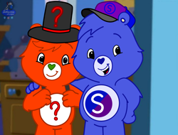 Size: 2160x1641 | Tagged: safe, artist:mrstheartist, edit, edited screencap, screencap, oc, oc only, oc:creative bear, oc:layton bear, bear, fictional species, mammal, semi-anthro, care bears, professor layton (series), belly badge, cap, care bear, care bears: adventures in care-a-lot, duo, duo male, friends, hat, headwear, heart nose, male, males only, question mark, top hat