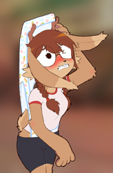 Size: 657x1000 | Tagged: suggestive, artist:casenpoint, oc, oc:casey (casenpoint), fictional species, jackalope, lagomorph, mammal, anthro, atomic wedgie, bottomwear, clothes, embarrassed, female, panties, solo, solo female, underwear, wedgie