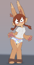 Size: 620x1170 | Tagged: suggestive, artist:casenpoint, oc, oc:casey (casenpoint), fictional species, jackalope, lagomorph, mammal, anthro, childish underwear, clothes, embarrassed, embarrassed underwear exposure, female, panties, pants, pants around ankles, pants pulled down, pantsing, solo, solo female, underwear