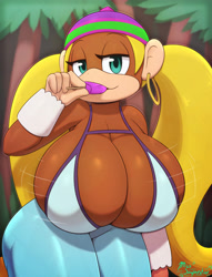 Size: 2600x3400 | Tagged: suggestive, artist:miso_souperstar, tiny kong (donkey kong), fictional species, kong (species), mammal, primate, anthro, donkey kong (series), nintendo, artist name, big breasts, blonde hair, bottomwear, bra, breasts, brown body, brown skin, bust, cleavage, clothes, countershading, ear piercing, earring, female, food, glistening, glistening body, glistening clothing, green eyes, hair, half closed eyes, hat, headwear, huge breasts, leaning forward, long hair, looking at you, motion lines, multicolored face, multicolored skin, naughty face, pants, piercing, popsicle, portrait, skin, smiling, smiling at you, solo, solo female, tan countershading, tan skin, thick thighs, thighs, three-quarter view, tied hair, twintails, underwear, wristband