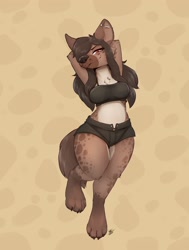 Size: 2500x3300 | Tagged: safe, artist:louart, hyena, mammal, anthro, 2022, arms behind head, bedroom eyes, bottomwear, brown body, brown fur, brown hair, clothes, crop top, digital art, ear piercing, ears, female, fur, hair, industrial piercing, looking at you, paws, piercing, pinup, red eyes, short shorts, shorts, signature, solo, solo female, spots, spotted fur, tail, tank top, thick thighs, thighs, topwear, wide hips