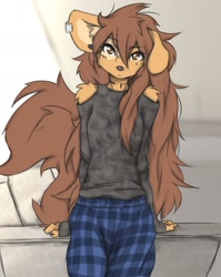 Size: 1735x2181 | Tagged: safe, artist:tinygaypirate, oc, oc:apogee (tinygaypirate), canine, dog, mammal, anthro, 2022, black clothing, blue clothing, bottomwear, brown eyes, brown hair, claws, clothes, digital art, ear fluff, ear piercing, female, fluff, front view, fur, hair, looking at you, pants, piercing, shirt, shoulder fluff, solo, solo female, tail, tail fluff, tan body, tan fur, topwear