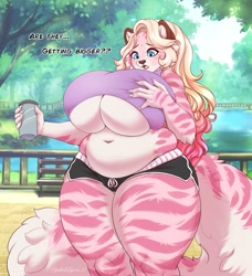 Size: 1085x1190 | Tagged: safe, artist:tiggybloom, oc, oc:marzipan (tiggybloom), big cat, feline, mammal, tiger, anthro, belly, big tail, bottomwear, breasts, clothes, crop top, female, huge breasts, implied breast expansion, micro shorts, shirt, shorts, slightly chubby, solo, solo female, tail, thick thighs, thighs, topwear, underboob, wide hips