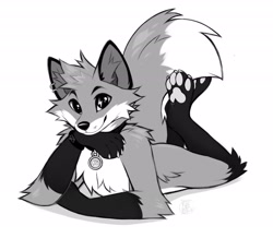 Size: 2048x1782 | Tagged: safe, artist:kitakettu, oc, oc only, canine, fox, mammal, anthro, digitigrade anthro, collar, looking at you, paws, smiling, solo, underpaw