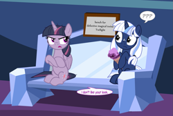 Size: 1161x779 | Tagged: safe, artist:dendoctor, oc, oc:silverlay, alicorn, equine, fictional species, mammal, pony, unicorn, feral, cc by-nc-sa, creative commons, friendship is magic, hasbro, my little pony, 2022, alternate universe, bench, clone, confused, couch, crossover, crystal, duo, duo female, eyelashes, female, females only, food, horn, ice cream, ice cream cone, mare, mean twilight sparkle (mlp), tail, umbra pony