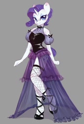 Size: 732x1070 | Tagged: safe, artist:melodylibris, rarity (mlp), equine, fictional species, mammal, pony, unicorn, anthro, unguligrade anthro, friendship is magic, hasbro, my little pony, 2022, alternate hairstyle, anthrofied, clothes, dress, eyelashes, eyeshadow, female, fishnet, gray background, hair, hooves, horn, looking at you, makeup, mare, see-through, simple background, solo, solo female