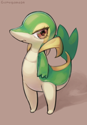 Size: 1566x2234 | Tagged: safe, artist:gomogomo, fictional species, snivy, semi-anthro, nintendo, pokémon, 2021, 2d, ambiguous gender, angry, brown background, looking at you, pixiv, simple background, solo, solo ambiguous, standing, starter pokémon