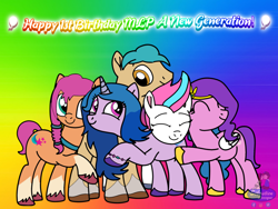 Size: 1280x960 | Tagged: safe, artist:mrstheartist, hitch trailblazer (mlp), izzy moonbow (mlp), pipp petals (mlp), sunny starscout (mlp), zipp storm (mlp), earth pony, equine, fictional species, mammal, pegasus, pony, unicorn, feral, hasbro, my little pony, my little pony g5, my little pony: a new generation, spoiler, spoiler:my little pony g5, birthday, eyes closed, female, gradient background, group, group hug, hug, male, mare, quintet, rainbow background, smiling, stallion