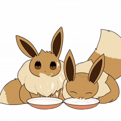 Size: 640x640 | Tagged: safe, artist:tontaro, eevee, eeveelution, fictional species, mammal, feral, nintendo, pokémon, 2021, 2d, 2d animation, ambiguous gender, ambiguous only, animated, behaving like a cat, black nose, blep, brown sclera, colored sclera, digital art, dipstick tail, duo, duo ambiguous, ears, eyes closed, fluff, food bowl, fur, licking, looking at you, messy eating, milk, neck fluff, no sound, simple background, sitting, tail, tail wag, thighs, tongue, tongue out, webm, white background