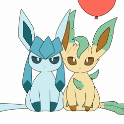 Size: 720x720 | Tagged: safe, artist:tontaro, eeveelution, fictional species, glaceon, leafeon, mammal, feral, nintendo, pokémon, 2021, 2d, 2d animation, ambiguous gender, ambiguous only, animated, blue sclera, brown sclera, colored sclera, digital art, duo, duo ambiguous, hair, looking at you, no sound, paws, simple background, sitting, tail, tail wag, thighs, webm, white background