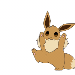 Size: 720x720 | Tagged: safe, artist:tontaro, eevee, eeveelution, fictional species, mammal, feral, nintendo, pokémon, 2021, 2d, 2d animation, ambiguous gender, animated, brown sclera, colored sclera, digital art, fluff, gif, looking at you, lying down, neck fluff, pakour, paws, simple background, solo, solo ambiguous, standing, tail, white background