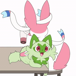 Size: 720x720 | Tagged: safe, artist:tontaro, eeveelution, fictional species, mammal, sprigatito, sylveon, feral, nintendo, pokémon, spoiler:pokémon gen 9, spoiler:pokémon scarlet and violet, 2022, 2d, 2d animation, ambiguous gender, ambiguous only, animated, behaving like a cat, butt, cheek fluff, digital art, duo, duo ambiguous, ear twitch, fluff, frame by frame, hair dryer, neck fluff, no sound, open mouth, paws, rear view, ribbons (body part), simple background, sitting, starter pokémon, tail, tongue, webm, white background