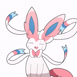 Size: 720x720 | Tagged: safe, artist:tontaro, eeveelution, fictional species, mammal, sylveon, feral, nintendo, pokémon, 2022, 2d, 2d animation, ambiguous gender, animated, digital art, eyes closed, frame by frame, fur, no sound, open mouth, paws, ribbon, simple background, solo, solo ambiguous, sweat, sweatdrop, tail, tongue, webm, white background