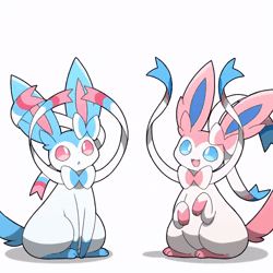 Size: 720x720 | Tagged: safe, artist:tontaro, eeveelution, fictional species, mammal, shiny pokémon, sylveon, feral, nintendo, pokémon, 2022, 2d, 2d animation, ambiguous gender, ambiguous only, animated, ball, beach ball, black nose, digital art, duo, duo ambiguous, no sound, paws, ribbons (body part), simple background, sitting, tail, webm, white background