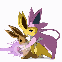Size: 720x720 | Tagged: safe, artist:tontaro, eevee, eeveelution, espeon, fictional species, jolteon, mammal, feral, nintendo, pokémon, 2022, 2d, 2d animation, ambiguous gender, ambiguous only, animated, black nose, cheek fluff, digital art, eyes closed, fluff, fur, group, neck fluff, no sound, on model, paws, poké ball, simple background, tail, trio, trio ambiguous, webm, white background