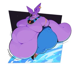Size: 1382x1193 | Tagged: suggestive, artist:bootfromtv, beerus (dragon ball), cat, feline, mammal, sphynx cat, anthro, dragon ball (series), fat, hyper, macro, male, morbidly obese, obese, ssbbm, weight gain
