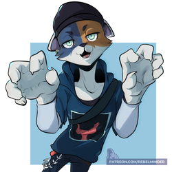 Size: 1500x1500 | Tagged: safe, artist:rebelminder, meow skulls (fortnite), calico, cat, feline, mammal, anthro, epic games, fortnite, 1:1, 2022, 5 fingers, artist name, beanie, bottomwear, clothes, female, fingers, fur, hat, headgear, headwear, high res, hoodie, lidded eyes, looking at you, mottled, multicolored body, multicolored fur, pants, patreon, piebald, rebelminder, solo, solo female, tomboy, topwear, video game