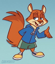 Size: 1800x2100 | Tagged: safe, artist:artdexo2000, conker the squirrel (conker), mammal, rodent, squirrel, anthro, conker (series), rareware, 2d, gradient background, looking at you, male, open mouth, solo, solo male