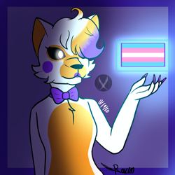 Size: 1000x1000 | Tagged: safe, artist:ravenfeatherthewolf, lolbit (fnaf), animatronic, canine, fictional species, fox, mammal, robot, anthro, five nights at freddy's, abstract background, bow, bow tie, chest fluff, clothes, female, flag, fluff, glowing, glowing eyes, hair, hair over one eye, hand up, mtf transgender, pride flag, signature, solo, solo female, standing, transgender, transgender pride flag