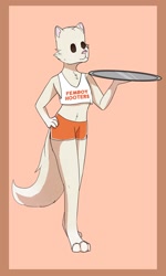 Size: 1800x3000 | Tagged: safe, artist:ravenfeatherthewolf, oc, oc only, oc:satu, cat, feline, mammal, anthro, hooters, border, clothes, crop top, femboy, femboy hooters, hand on hip, holding, holding object, male, orange background, plate, simple background, solo, solo male, standing, topwear, white body