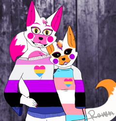 Size: 2200x2300 | Tagged: safe, artist:ravenfeatherthewolf, funtime foxy (fnaf), lolbit (fnaf), canine, fox, mammal, anthro, five nights at freddy's, abstract background, arm around character, couple, duo, duo male and female, female, flag, funfoxbit (fnaf), genderfluid, genderfluid pride flag, gritted teeth, hand on hip, jumper, looking at you, male, mtf transgender, pansexual pride flag, pride flag, signature, smiling, smiling at you, teeth, transgender, transgender pride flag