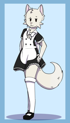 Size: 2000x3500 | Tagged: safe, artist:ravenfeatherthewolf, oc, oc only, oc:satu, cat, feline, mammal, anthro, blue background, border, bow, clothes, femboy, hand on hip, maid outfit, male, simple background, smiling, socks, solo, solo male, standing, white body